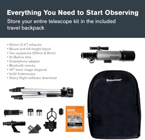Celestron Travel Scope 60DX Portable Refractor Telescope – 60mm Aperture, Fully-Coated Glass Optics – Includes Bonus Phone Adapter, Backpack & More – Ideal for Beginners & Travel - Image 3