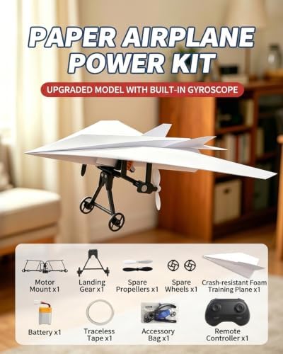 Rc Paper Airplane Motor Kit DIY Model Airplanes Launcher Construction Set with Gyro Stabilizer Dual Propellers Foldable Electric Remote Control Plane Drone Stem Toy Tech Gadgets Gifts (with Plane A) - Image 2