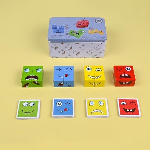 Large Wooden Face Expression Puzzle Building Cubes Manipulatives Face Changing Magic Cube Puzzles Matching Game with Bell Logical Thinking Training Brain Educational Montessori STEM Toys - Image 6