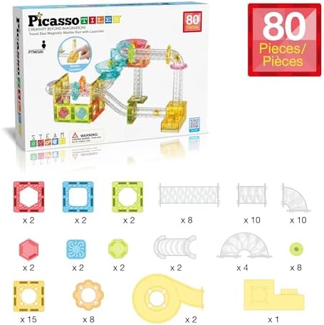 PicassoTiles Magnet Tile Building Block 80pc Marble Run Race Track Travel Size Pretend Play Toy With Launcher Lifter STEM Education Learning Magnetic Tiles Construction Kit School Boys Girls 3+ PTMG80 - Image 3