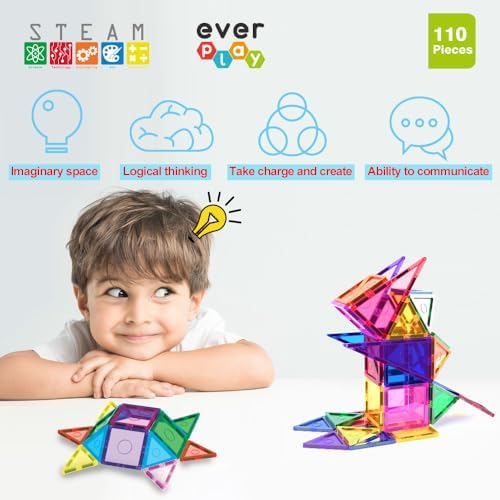 110 pc Magnetic Tiles with Car Set, Building Blocks Toys STEAM Educational Learning Magnet Toy Preschool Montessori Boys & Girls Smart Creative Kit Games Gifts for Age 3+ Kids Toddlers - Image 2