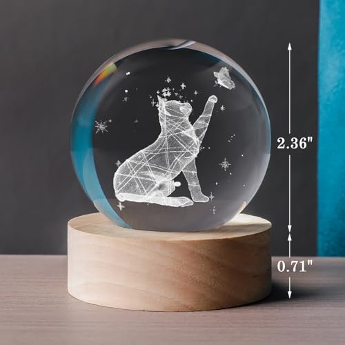 60mm 3D Crystal Ball Cat Lover Gifts for Women Cat Themed Sympathy Figurines Decor Gifts with Wooden Light Base - Image 2