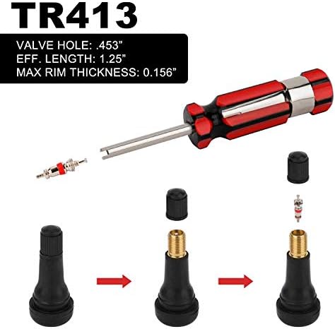 Hromee Tire Valve Stem Tool Puller and Installer Kit, 4PCS TR413 Tubeless Snap-in Valve Stem with Valve Stem Cores, Single Head Valve Core Remover and Slotted-Head Valve Cap - Image 3