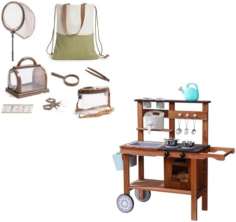 ROBOTIME Kids Outdoor Explorer Set: Mud Kitchen Playset with Wheels & Bug Catcher Kit for Kids, Backyard Pretend Play Kitchen and Nature Exploration Tools for Boys and Girls Ages 3-12 by ROBOTIMEBuildingThingstoLife
