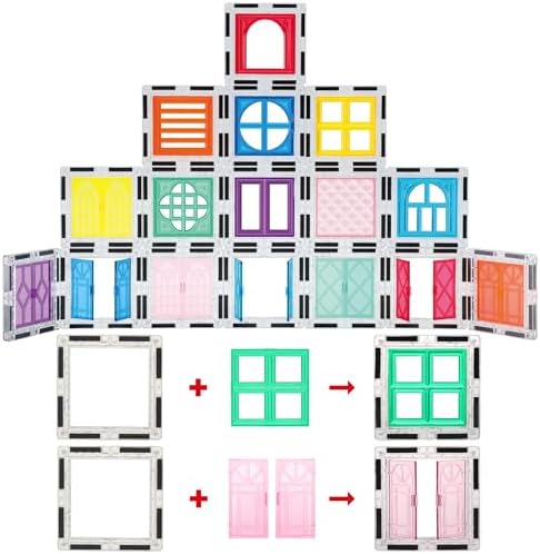 PicassoTiles 40pcs Magnetic Tiles Clip-in Window and Door Expansion Set, Magnetic Block Add-ons, Magnet Building Construction Toys, STEM Education Learning Block for Toddler Boys and Girls 3+ PTW40 by PicassoTiles