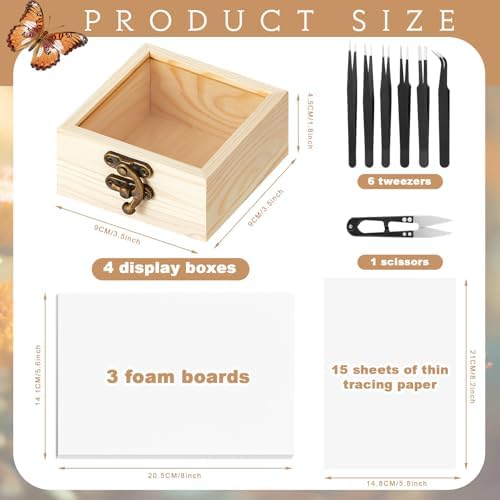 Spiareal 32 Pcs Insect Specimen Tools Kit Include 3.54 x 3.54 x 1.77 in 4 Pcs Display Case Box 3 Foam Pinning Board 3 Tubes Pins 6 Tweezers Butterfly Insect Pinning Kit Entomology Collection Supplies - Image 2