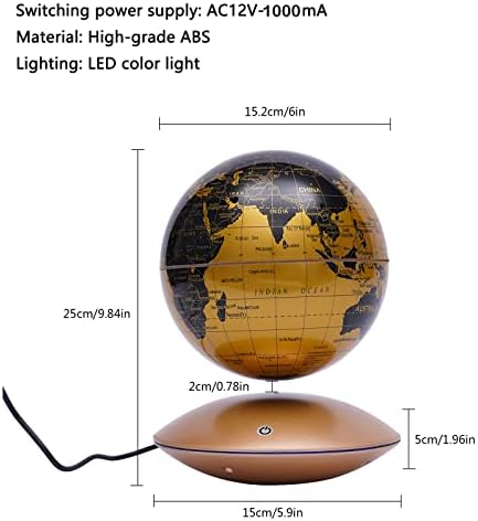 Magnetic Levitation Globe w/UFO-Shaped Base, 6 Inch Rotating Geographic Globe with LED Light, Auto Rotation Suspended Floating World Map Night Light for Table Desk Decor Holiday Gift, Gold - Image 2