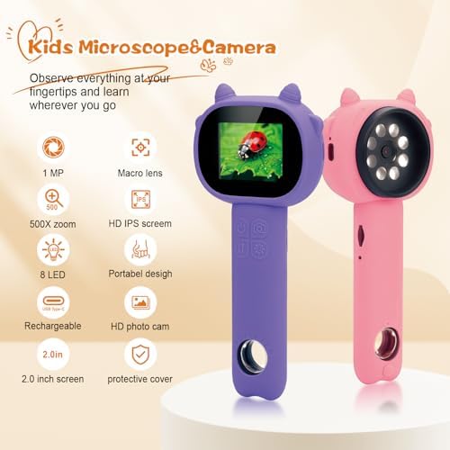 Microscope for Kids 500x Magnification,Mini Pocket Handheld Microscope with 2.0" Screen for Toddlers-STEM Educational Science Kit Toys for Boys Girls Aged 3-12 Christmas Birthday Gifts (Purple) - Image 2