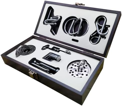 8-Piece 3D Metal Puzzle Box IQ Test Kit with Wooden Case, Brain Challenge for Adults Teens, Gift for Christmas, Valentine's Day, Birthday, Anniversary & Family Party Game by NORDISTRICT