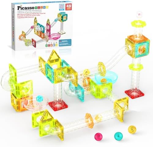 PicassoTiles Magnet Tiles Building Block Travel Size Magnetic Marble Run Construction Toy Set Mini Diamond Marble Racetrack Building Blocks Playset Education STEM Learning Kit Boy Girl 3+ PTMG45 by PicassoTiles