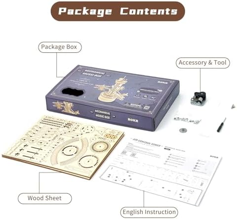 ROKR 3D Wooden Puzzle for Adults Airplane Tower Music Box - DIY Mechanical Model Building Kit 10", Birthday Gifts for Men/Women/Parents/Family - Image 5