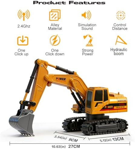 RC Excavator Toy, 6-Channel Remote Control Excavator with Metal Shovel & Lights, 360° Rotation Mini Excavator, RC Construction Vehicles Digger Toy for Boys 3-8 - Image 2