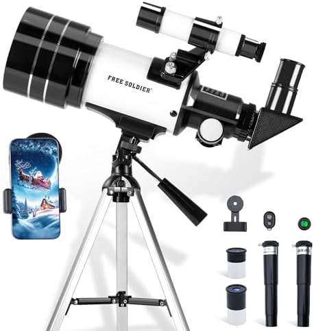 Telescope for Adults Astronomy 70mm Aperture 300mm Focal Length Portable Astronomical Telescope for Beginners Age Over 8 Years Old with Wireless Remote Carry Bag Tripod(White) by FREESOLDIER