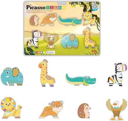 PicassoTiles Magnet Building Blocks 8 Safari Animal Magnetized Action Figures Compatible with Magnetic Assembly Build Tile Toys Accessory Toyset STEAM Educational Learning Girls Boys Ages 3+ PTA22 by PicassoTiles