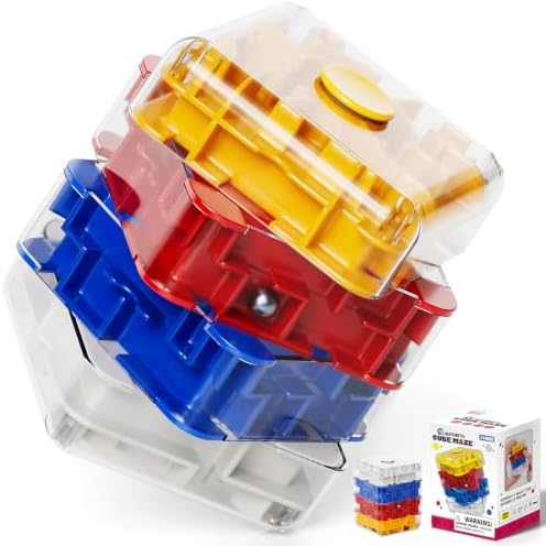 3D Maze Cube Ball Puzzle Brain Teaser for Adults & Kids, Educational Learning Toys Logical Thinking, Family Board Games Tabletop, Durable Puzzle Cube (White&Blue&Red&Yelllow, 2.4x2.4x3.2) by Unknown