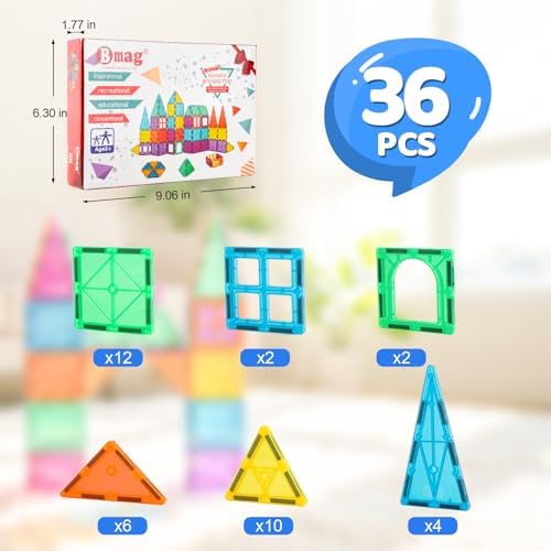 Bmag Magnetic Tiles, 36 PCS Building Blocks for Toddlers, 3D Magnet, STEM Educational Learning Building Blocks for Kids Children, Stacking Montessori Toys Gifts for Boys Girls - Image 6