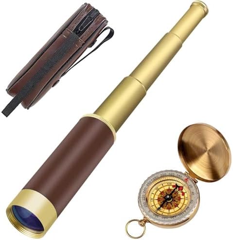 Retro Pirate Telescope Zoomable 25x30 Spyglass Portable Collapsible Handheld Telescope Vintage Monocular for Kids & Survival Gear Compass Pocket Military Compass for Camping Boating by Aubric