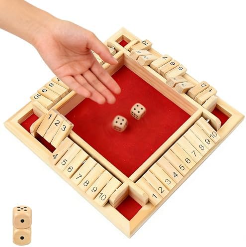 Shut The Box Game 2-4 Players Classic Dice Board Game 10 Numbers Table Math Games Traditional Wooden Family Game for Night Pub Bar Classroom Travel Improves Mathematical Skills (Red) by CRETVIS