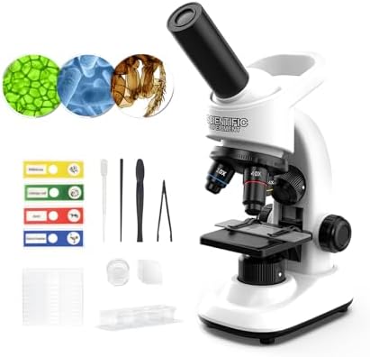 Microscope for Kids Scientific Experiment Kit 40X-1600X Magnification LED Light Educational STEM with Slides and Lab Tools Ages 6-12 (White) by WSDMIC