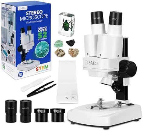 ESAKO Dual LED Kids Microscope - 52+ Piece Science Kit with Mineral & Insect Specimens, 10 Prepared Slides & 10 DIY Blank Slides, Microscope kit for Kids 8-12 by ESAKO