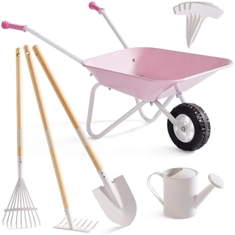 ROBUD Kids Wheelbarrow with Gardening Tools Set-9pcs Metal Toddler Wheelbarrow, Garden Tools, Watering Can, Plant Labels– Child Outdoor Toy for Ages 3+, Christmas Birthday Gifts for Boys Girls(Pink) by ROBUD