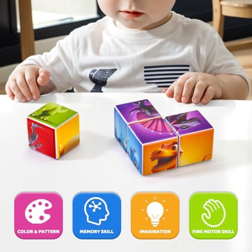 Pairez Toys Magnetic Blocks for Toddlers, Dinosaur Toys Puzzle Cubes for Kids, Sensory Toys for Kids Ages 1-3 Year Old Boys & Girls, 6 Dinosaur Building Ideas - Image 6