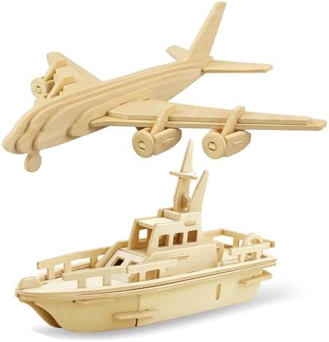 Georgie Porgy 3D Wooden Puzzles for Kids Toys Construction Woodcraft Kits DIY Model Puzzle Kits Birthday Gifts Pack of 2 (Civil Airplane Yacht) by GeorgiePorgy