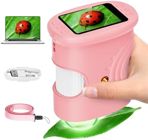 Alotwan Kids Microscope Digital 1000X Zoom, Mini Pocket Handheld Microscope Portable Travel Toys, HD Camera Video Magnifying Glass, Christmas Birthday Gifts for Girls, STEM Toys for Toddlers Age 3-8 by AlotwanKidsToys