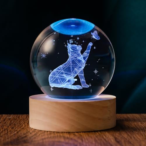 60mm 3D Crystal Ball Cat Lover Gifts for Women Cat Themed Sympathy Figurines Decor Gifts with Wooden Light Base by QIANRUNA