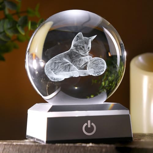 80mm Cat Lover Gifts for Women 3D Night Light Cat Crystal Ball by ZRENJHUS