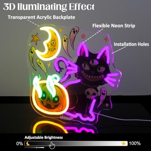 Three Eyed Cat Pumpkin Neon Sign Scary Ghost LED Neon Light Halloween Decor - Image 6