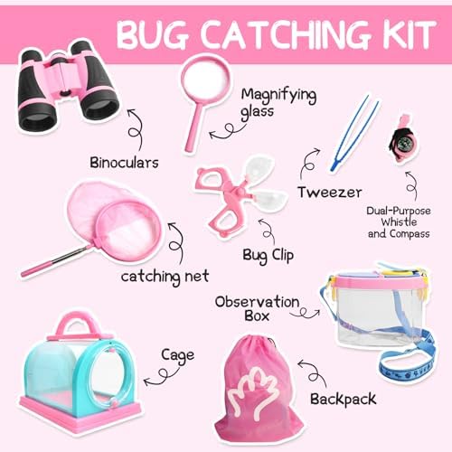 Bug Catcher for Kids Explorer Kit Kids Bug Catching Kit, Bug Catcher Kit for Kid with Binoculars, Magnifying Glass, Butterfly Kit for Girls Aged 3+(Pink) - Image 2