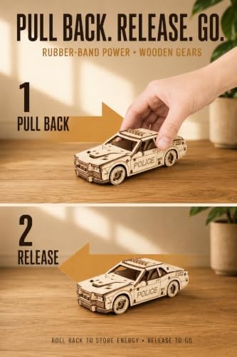 EWA Eco-Wood-Art Pocket Police Car - 3D Wooden Puzzle Mechanical Model Kit DIY Wood Construction Set - Image 6