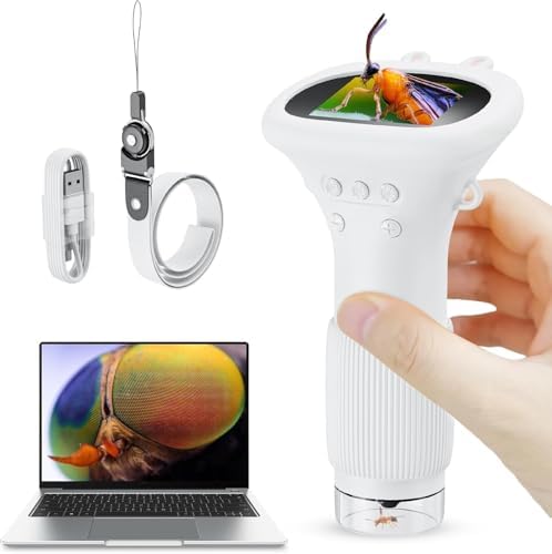 Microscope for Kids, 2'' Inch HD Screen Pocket Portable Microscope, 1000x Magnification Mini Magnifying Glass with Light for Kids, for 3-12 Girls & Boys - White by Ashfly