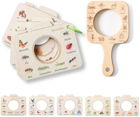 Magnifying Glass for Kids Wooden Montessori Educational Explore Toy Magnifying Glasses and Wood Bug Cards for Outdoor Adventure Birthday Gift for Boys Girls Ages 3+ by ibwaae