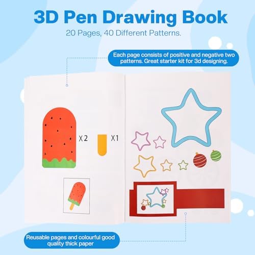 3D Pen Stencils, 20 Pages 40 Patterns 3D Drawing Book Templates, with a Reusable Transparent PVC Drawing Board, 3D Art Pen Accessories for Adults Starter for 3D Printing Pen - Image 3