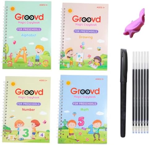 Children's Magic Copybooks - Reusable Grooved Writing Books for Kids - Handwriting Practice Workbooks, Calligraphy Learning Kit & Tracing Tools Set, 4 Books with Pen & Ink Refills (Ages 3-8) by Groovd