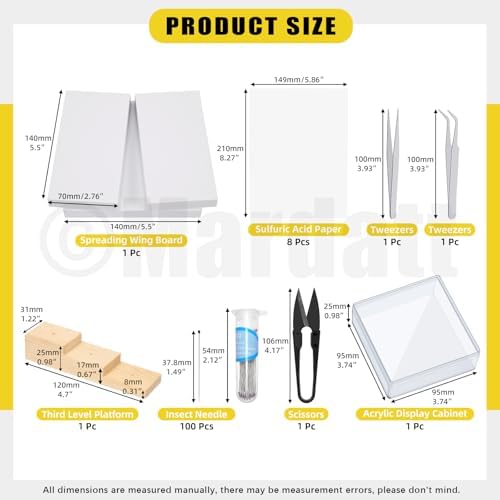 Mardatt 15Pcs Making Insect Specimen Tools Kit, Insect Pinning Kit with Insect Pinning Block, Insect Pinning Board, Insect Pins, Wings Pressing Paper, Insect Display Case, Tweezers, Scissors - Image 2