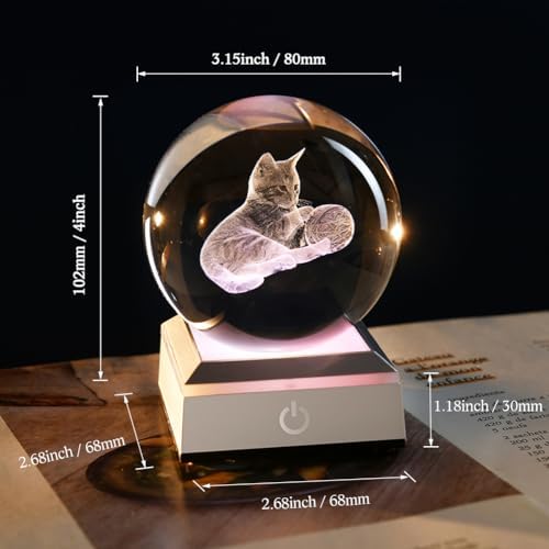 80mm Cat Lover Gifts for Women 3D Night Light Cat Crystal Ball - Image 4