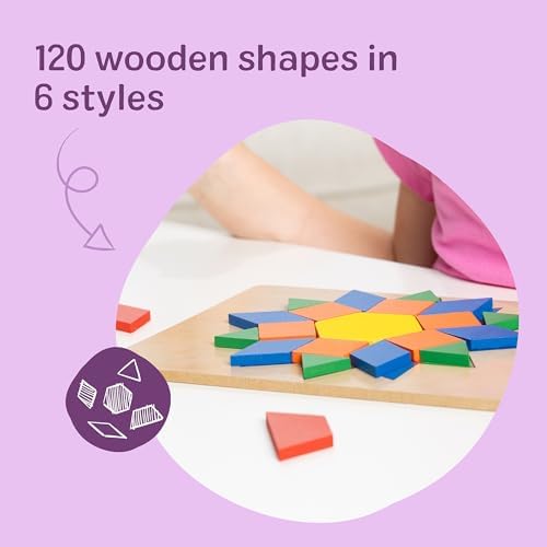 Melissa & Doug Pattern Blocks and Boards with 120 Multi-Colored Wooden Shape Tiles, 5 Double-Sided Puzzle Boards, Tangram Puzzles, Montessori Toys for Girls & Boys - Image 2