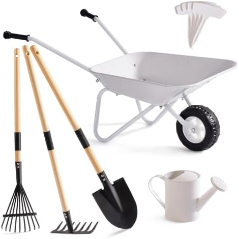 ROBUD Kids Gardening Tools Outdoor Toys Set Backyard Play with Kids Wheelbarrow-9pcs Metal Toddler Wheelbarrow, Garden Tools, Watering Can, Plant Labels for Ages 3+ (Grayish White) by ROBUD