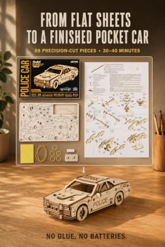 EWA Eco-Wood-Art Pocket Police Car - 3D Wooden Puzzle Mechanical Model Kit DIY Wood Construction Set - Image 4