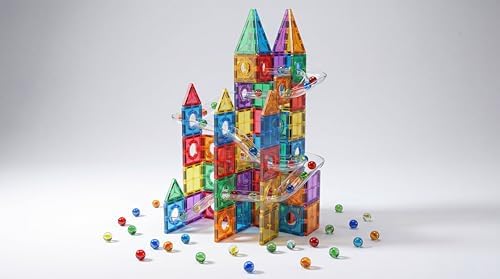 Magnetic Building Tiles Marble Run Set, 115 Pieces STEAM Construction Blocks with Marble Run Track, Educational STEM Toy for Kids Ages 3+, Rainbow Colors - Image 5