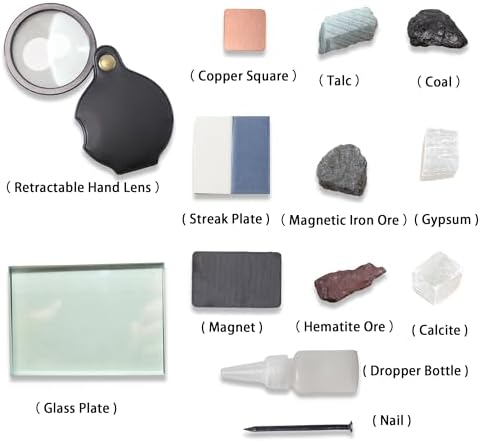 13pc Mineral ID Kit w/Hand Lens, Streak Plate, Magnet & Minerals (Talc/Coal/Calcite) - Hardness/Streak/Acid/Magnetism Tests for Geology Classrooms & Field Analysis - Image 2