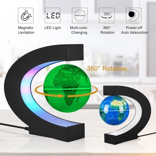 Magnetic Levitation Floating Globe Ball Map with LED Light and C Shape Base,Cool Tech Gift, Desk Gadget Decor, Auto-Spinning Levitating World Map,Rotating Earth Demo - Image 2