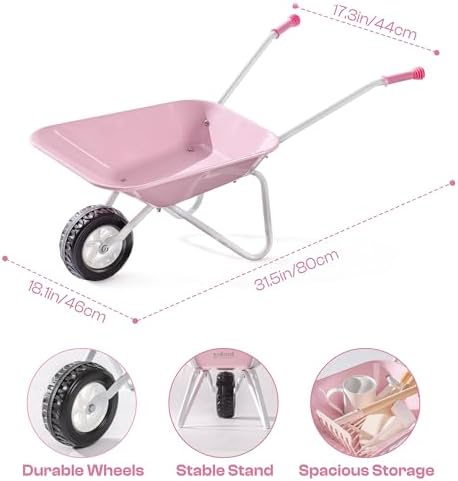 ROBUD Kids Wheelbarrow with Gardening Tools Set-9pcs Metal Toddler Wheelbarrow, Garden Tools, Watering Can, Plant Labels– Child Outdoor Toy for Ages 3+, Christmas Birthday Gifts for Boys Girls(Pink) - Image 2