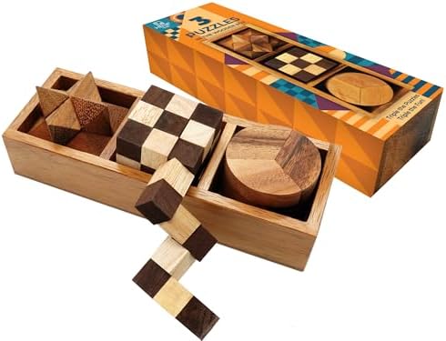 BSIRI 3 Puzzles in a Box - Wooden Brain Teaser Puzzle, 3D Mind Puzzle for Adults, Educational Senior Games, and Brain Games, Ideal for Birthday Gifts and Patio Décor by HB3FbyBSIRI
