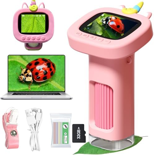 Microscope for Kids, Digital Handheld Kids Microscope with 10 Slides, Photo and Video Mini Portable Pocket Miniscope Science Toys Gifts for 3-12 Age Year Old Boys Girls (Pink) by PJY