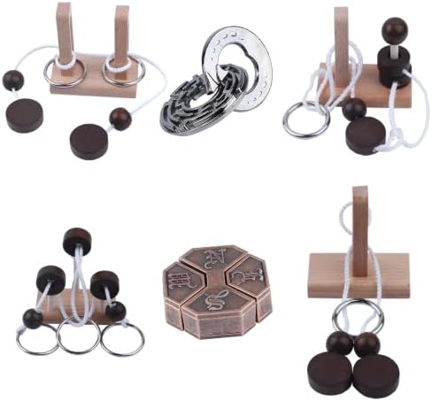 Wooden and Metal 3D Unlock Interlock Assorted Brain Teasers Puzzles，IQ Logic Training Family Game Party Favor Coffee Table Time Unlock Interlock Mind Puzzles Box（6Pcs） by LFLQ