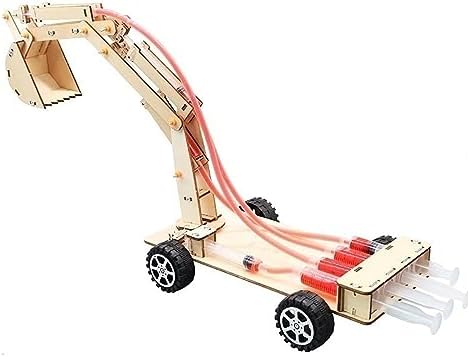 Excavator Handicraft Wooden Mechanical Model, 4 Wheels Tire Version Hydraulic Excavator Model Educational Wooden Science Experiment Tool for Students by HERCHR